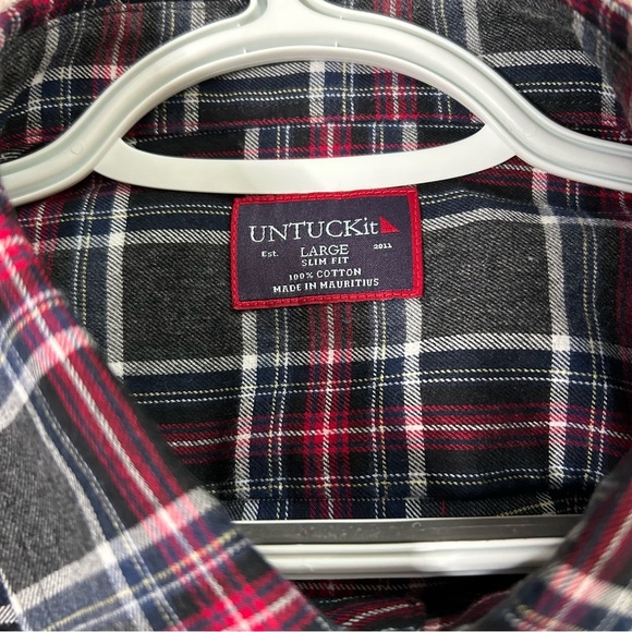 NWOT Untuckit Gray Red Navy Plaid Cotton Button Front Shirt Size Large Slim Fit - Picture 3 of 10